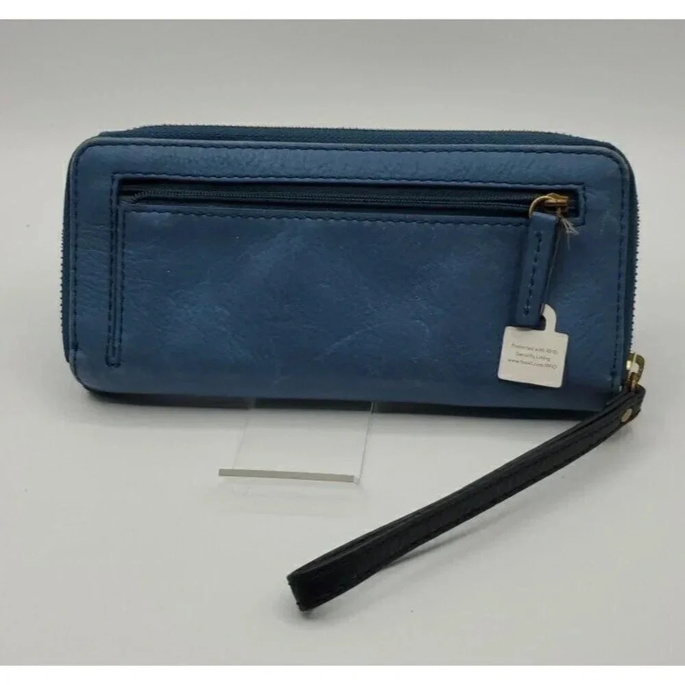 Fossil Two Tone Blue Leather Wallet Wristlet Fold Over Snap and Zip Compartment